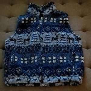 Cliffhanger VINTAGE blue fleece ski vest with reindeer pattern. Size Medium